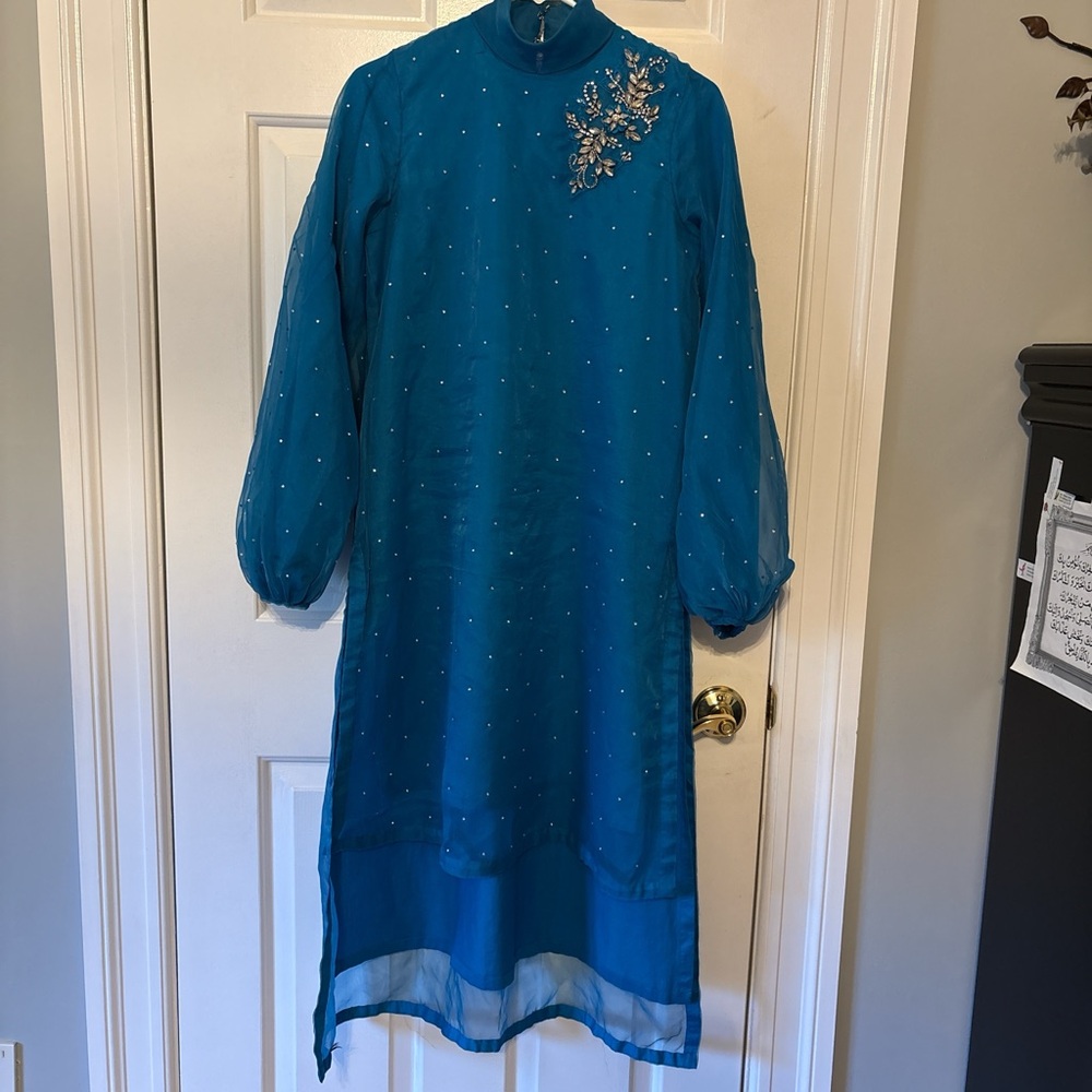 Maria B Luxury 3 Piece Blue Embroidered High-Low Kurti Trouser Dupatta Suit XS